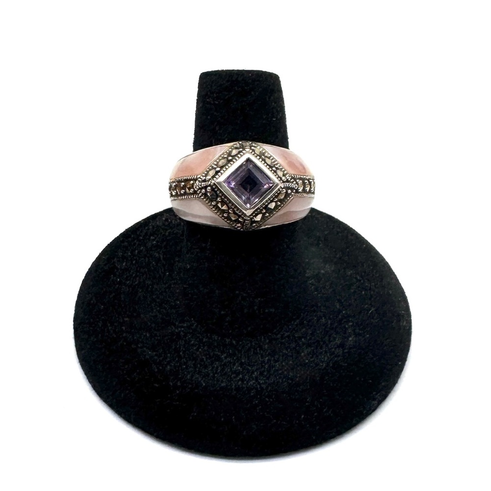 Sterling Silver Pink Mother-of-Pearl Ring with Amethyst and Marcasite Size 7 1/2